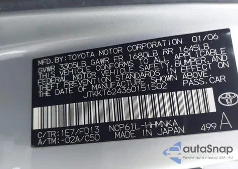 2006 Scion Xa z USA, uszkodzony, nr VIN JTKKT624360151502